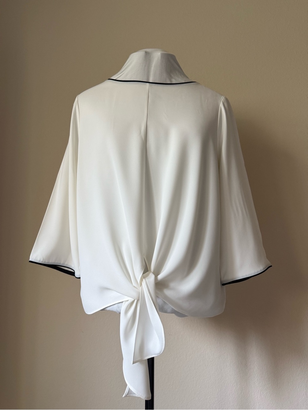 Ann Taylor Ivory Tie-Back Blouse with Black Piping